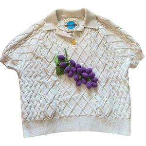 Motoguo Designer Knit Grape Collared Sweater Short Sleeve Teddy Bear Button S